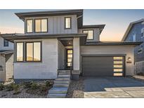 Two-story modern home with gray siding and a two-car garage at 11575 Toccata Trl, Parker, CO 80134