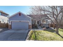 Ranch-style home with gray siding, two-car garage, and landscaped yard at 1640 Daily Dr, Erie, CO 80516