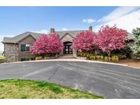 Stunning two-story house with stone accents and flowering trees at 9983 Heather Dr, Castle Rock, CO 80108