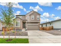Two-story house with gray siding, a two-car garage, and landscaping at 9374 Bahama Ct, Commerce City, CO 80022