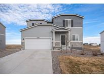 Two-story house with gray siding, white garage door, and landscaping at 42888 Ivydel St, Elizabeth, CO 80107