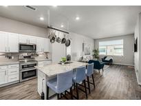 Modern kitchen with island, stainless steel appliances, and hardwood floors at 480 E Fremont Pl # 410, Centennial, CO 80122