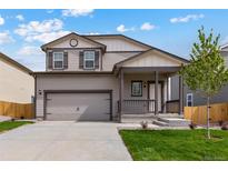 Two-story house with gray siding, attached garage, and landscaping at 7302 Arkansas Street, Frederick, CO 80530