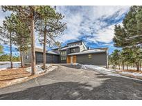 Modern two-story home with a gray exterior, wood accents, and a long driveway at 1298 Silverheels Dr, Larkspur, CO 80118