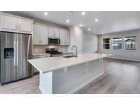 Modern kitchen with large island and stainless steel appliances at 16728 W 93Rd Pl, Arvada, CO 80007