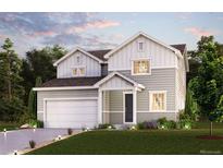 Two-story home with a gray exterior, white garage door, and landscaping at 5793 Farmstead Pl, Mead, CO 80504