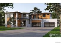 Modern two-story house with wood and white siding, large windows, and a three-car garage at 5266 Flora Way, Arvada, CO 80004