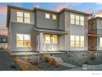 Two-story townhome with gray siding, stone accents, and a landscaped front yard at 1773 Mount Meeker Ave, Berthoud, CO 80513