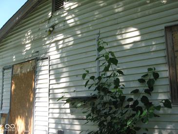 Exterior of a light-green house showing damage and overgrown vegetation at 2626 S Rybolt Ave, Indianapolis, IN 46241