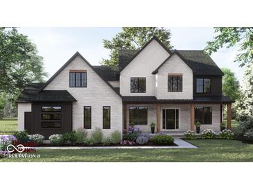 Two-story home with stone and dark trim, featuring a large front porch and landscaping at 8053 Easton Ln, Zionsville, IN 46077