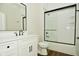 Modern bathroom featuring white vanity, a glass shower, and black accents at 2749 Stones Bay Dr, Greenwood, IN 46143