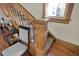 Close-up of ornately carved wooden staircase newel post at 621 N State St, Greenfield, IN 46140