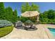 Relaxing poolside patio with a built-in grill and seating area under an umbrella at 4023 Cedar Hills N Dr, Greenwood, IN 46143