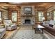 Rustic living room with stone fireplace and log cabin style at 2705 S 975 E, Zionsville, IN 46077