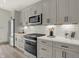 Modern kitchen featuring gray cabinets, stainless steel appliances, and white quartz countertops at 220 Sanders St, Indianapolis, IN 46225
