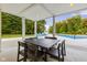 Covered patio with table and chairs overlooking the pool and lake at 5181 S Poplar Dr, Columbus, IN 47201