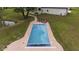 Overhead view of rectangular pool with safety cover, and surrounding patio at 3621 Olive Branch Rd, Greenwood, IN 46143