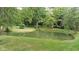Serene backyard with a pond surrounded by lush greenery at 3621 Olive Branch Rd, Greenwood, IN 46143