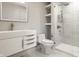 Modern bathroom featuring a floating vanity, toilet, and walk-in shower at 441 W 86Th St, Indianapolis, IN 46260