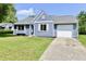 Exterior of a charming blue house with a neatly landscaped lawn and attached garage at 2813 Grassy Creek Dr, Indianapolis, IN 46229