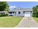 Exterior of a charming blue house with a neatly landscaped lawn and attached garage at 2813 Grassy Creek Dr, Indianapolis, IN 46229
