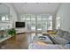 Spacious living room with vaulted ceiling, fireplace, and large windows at 2838 Silverwood Ln, Greenwood, IN 46143