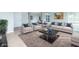 Living room virtually staged with plush seating, stylish coffee table, and area rug at 6210 Fairview Dr, McCordsville, IN 46055