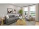 Cozy sitting room with gray sofa and wicker coffee table at 7306 W County Road 600 Rd # 14-602, McCordsville, IN 46055