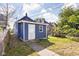 Blue detached garage with a white door in the backyard at 1526 Lawton Ave, Indianapolis, IN 46203