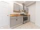 Modern kitchen with gray cabinets and stainless steel appliances at 1521 Indiana Ave, Columbus, IN 47201