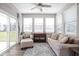 Bright sunroom with sliding glass doors, comfortable seating and a view to backyard at 6429 Flag Stop Dr, Whitestown, IN 46075