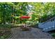 Brick patio with red umbrella and metal table set at 6438 Pin Oak Dr, McCordsville, IN 46055