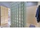 Walk-in shower with glass block wall and neutral colors at 6438 Pin Oak Dr, McCordsville, IN 46055