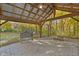 Covered patio with brick flooring, fire pit, and wooden bench at 9562 N Gasburg Rd, Mooresville, IN 46158