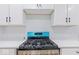 Modern gas range with teal accents and white cabinets at 3752 Ruckle St, Indianapolis, IN 46205