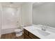 Bathroom features a shower/tub combo, toilet and vanity with a white countertop at 5856 Fair Oak Cir, Brownsburg, IN 46112