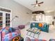Spacious living room with teal couch and access to sunroom at 12954 Water Ridge Dr, Fishers, IN 46055