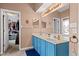 Bathroom with double vanity, blue cabinets, and access to the walk-in closet at 17849 Grassy Knoll Dr, Westfield, IN 46074