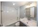 Clean bathroom with a shower/tub combo and gray vanity at 3965 N Meridian St # Apt 2A, Indianapolis, IN 46208