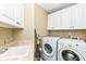 Functional laundry room with washer, dryer, and cabinets at 6471 Meridian Pkwy # Apt D, Indianapolis, IN 46220