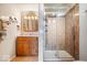 Basement bathroom with a walk-in shower and wood vanity at 807 Alden Dr, Fortville, IN 46040