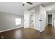 Main bedroom with ensuite bathroom and wood-look flooring at 1408 Pleasant St, Indianapolis, IN 46203