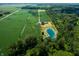 High-altitude aerial view of a property featuring a house, pond, and surrounding farmland at 4832 E 200 N, Anderson, IN 46012