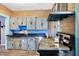 Kitchen with distressed cabinets, stainless steel appliances, and black countertops at 2335 Union St, Indianapolis, IN 46225