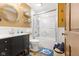 Updated bathroom with tiled shower, modern vanity, and nautical accents at 7701 Center Lake Rd, Nineveh, IN 46164