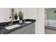 Double vanity bathroom with gray cabinets and dark countertop at 1867 Vista Ridge Dr, Greenwood, IN 46143