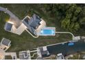Aerial view showcasing a house, pool, and dock on a tranquil waterfront setting at 5181 S Poplar Dr, Columbus, IN 47201