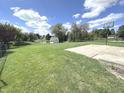 Large backyard with basketball court, shed, and pond at 6558 Caressa Way, Indianapolis, IN 46259