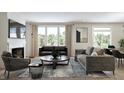 Spacious living room with a cozy fireplace and large windows offering abundant natural light at 5714 Cloister Ln, McCordsville, IN 46055