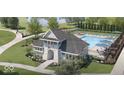Community pool and clubhouse with lounge chairs and umbrellas at 7356 W County Road 600 Rd # 12-606, McCordsville, IN 46055